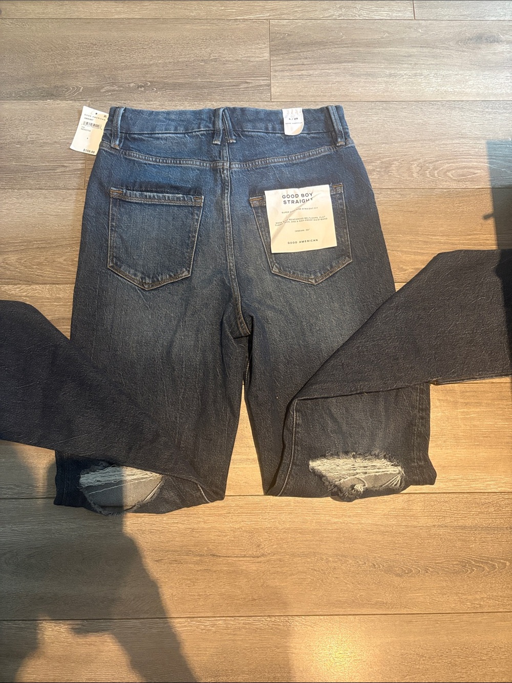 Good American Good Boy Straight Jeans - Dark Indigo with Distressed Knees